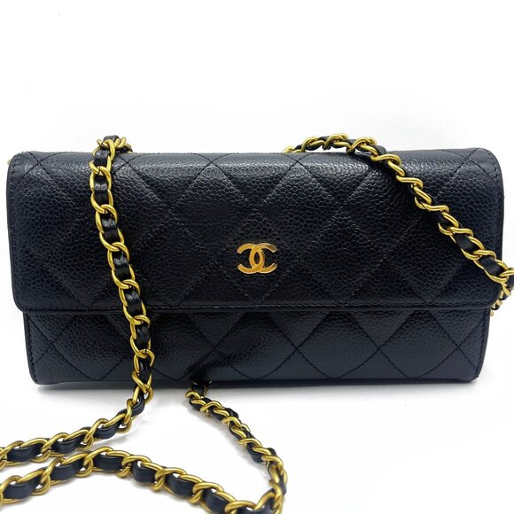 CHANEL CC Classic Caviar Flap Wallet Quilted Leather Chain Purse Black - Picture 2 of 14